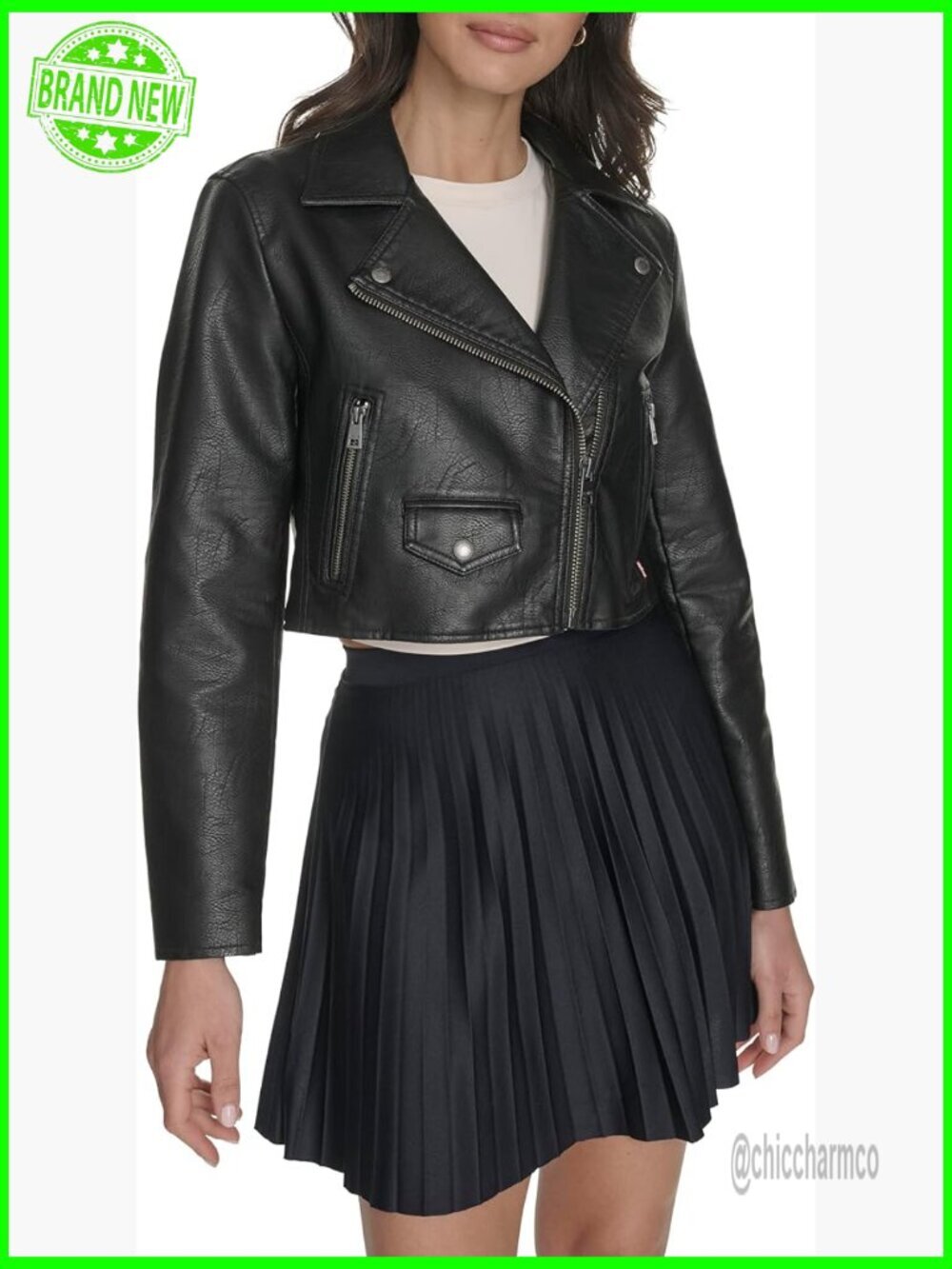 Cropped Faux Leather Moto Jacket, Fitted, Long Sleeve, Waist Length